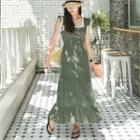 Ruffled Linen Blend Maxi Pinafore Dress