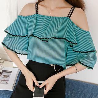 Pinstripe Frilled Open Shoulder Short-sleeve Top