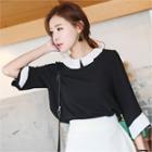 Pleated-collar 3/4-sleeve Top