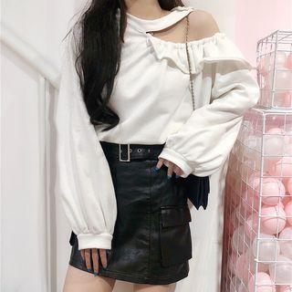Cutaway-shoulder Ruffled Long-sleeve Top