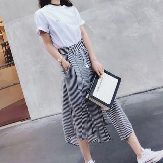 Set: Short-sleeve T-shirt + Striped Midi A-line Dress