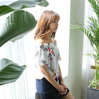 Off-shoulder Beribboned Floral Pattern Top