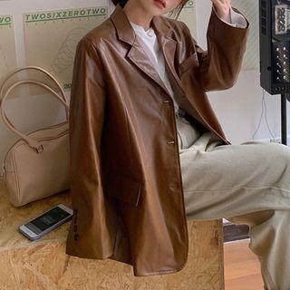 Notch Lapel Single-breasted Faux Leather Jacket