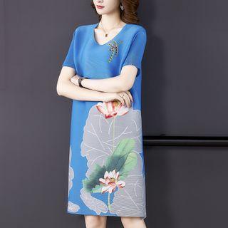 Flower Print Short-sleeve Shift Dress Sky Blue - One Size