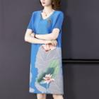 Flower Print Short-sleeve Shift Dress Sky Blue - One Size