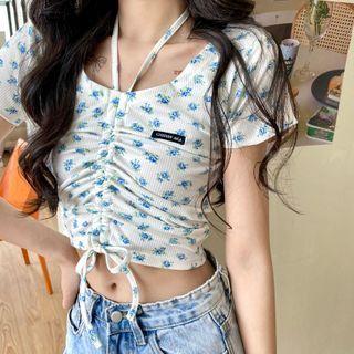Flower Print Drawstring Short-sleeve T-shirt White - One Size