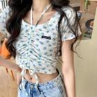 Flower Print Drawstring Short-sleeve T-shirt White - One Size