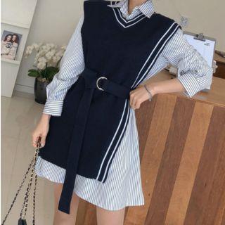 Set: Belted Knit Vest + Striped Shirtdress Navy Blue - One Size