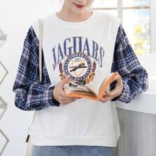 Plaid Panel Lettering Pullover White - One Size