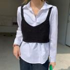 Plain Long-sleeve Shirt / V-neck Cropped Knit Vest