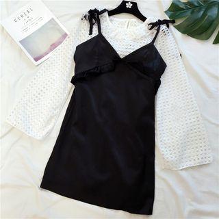 Set: Perforated Long-sleeve Lace Top + Spaghetti Strap Dress