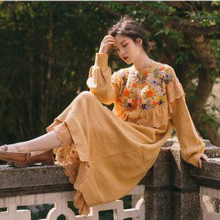 Floral Embroidered Midi Sweater Dress Orange Yellow - One Size