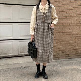 Tie-neck Shirt / Houndstooth Midi A-line Overall Dress