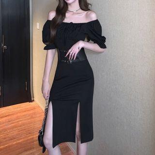 Short-sleeve Slit A-line Dress With Belt