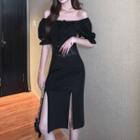 Short-sleeve Slit A-line Dress With Belt