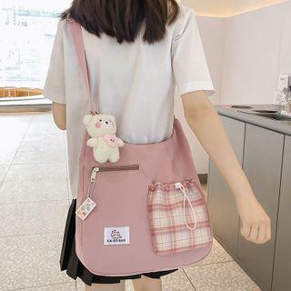 Plaid Pocket Canvas Crossbody Bag / Charm / Set
