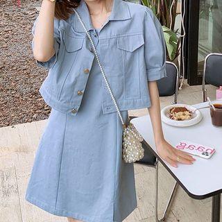 Set: Puff-sleeve Plain Cropped Jacket + Plain Spaghetti Strap Dress