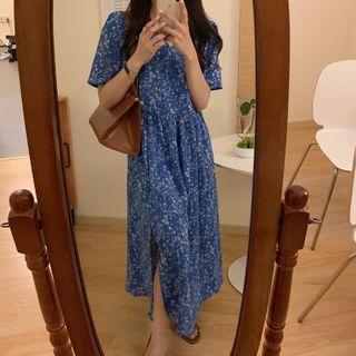 Short-sleeve Floral Print Dress Blue - One Size