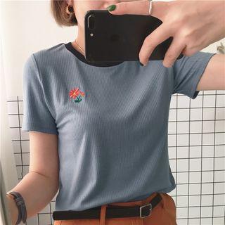 Flower Embroidered Short-sleeve Ribbed T-shirt