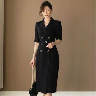Elbow-sleeve Double-breasted Coatdress With Belt