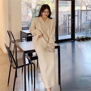 V-neck Sweater & Maxi Skirt Knit Set