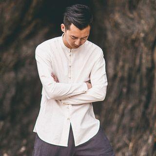 Collarless Frog-button Linen Shirt