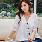 Elbow-sleeve Buttoned Chiffon Top