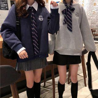 Embroidered Sweatshirt/ Stripe Tie/ Pleated Mini A-line Skirt/ Set