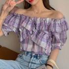 Color-block Plaid Off-shoulder Ruffled-trim Puff-sleeve Blouse Purple - One Size
