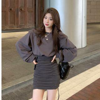 Mock Two-piece Puff-sleeve Shirred Sheath Dress