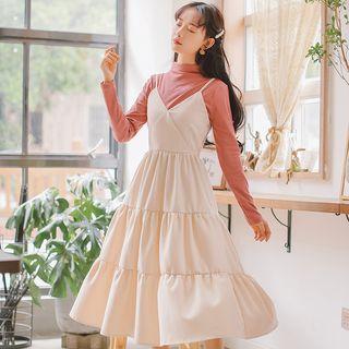 Set: Mock-turtleneck Long-sleeve T-shirt + Spaghetti Strap Tiered Pinafore Dress