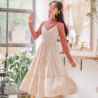 Set: Mock-turtleneck Long-sleeve T-shirt + Spaghetti Strap Tiered Pinafore Dress