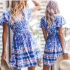 V-neck Short-sleeve Floral Print Mini A-line Dress