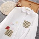 Flower Embroidered Plaid Panel Blouse White - One Size