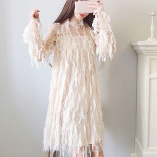 Long-sleeve Fringed Shift Mesh Dress