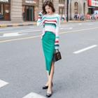 Set: Striped Knit Top + Midi Pencil Skirt