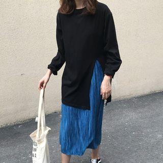 Long-sleeve Slit T-shirt / Crinkle Midi Skirt