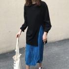 Long-sleeve Slit T-shirt / Crinkle Midi Skirt