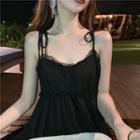 Frilled Slim-fit Sleeveless Dress Black - One Size