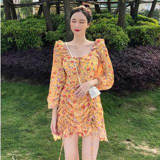 Long-sleeve Floral Drawstring A-line Mini Dress