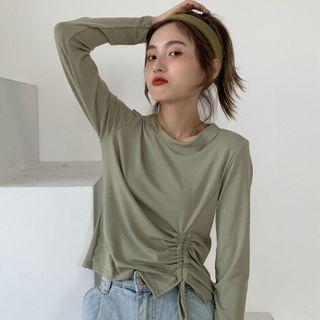 Plain Long-sleeve Drawstring Cropped T-shirt