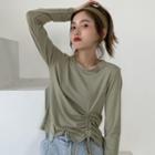 Plain Long-sleeve Drawstring Cropped T-shirt