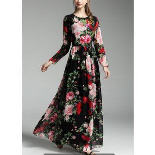 Flower Print Long-sleeve Maxi Dress With Scarf