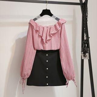 Mesh Panel Plaid Blouse / Mini A-line Skirt / Set