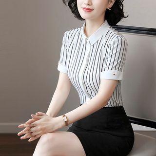 Short-sleeve Pinstriped Shirt / Mini Pencil Skirt / Set