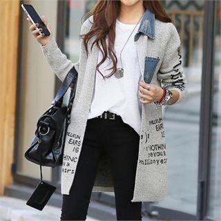 Denim-collar Lettering Open-front Long Cardigan