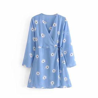 Flower Print Long-sleeve Wrap A-line Dress