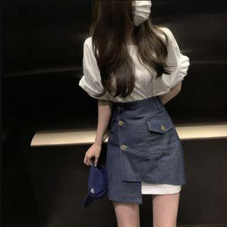 Elbow-sleeve T-shirt / Asymmetrical Denim Mini Pencil Skirt