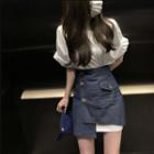 Elbow-sleeve T-shirt / Asymmetrical Denim Mini Pencil Skirt