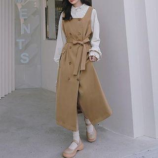 Set: Double-breasted Midi A-line Overall Dress + Blouse